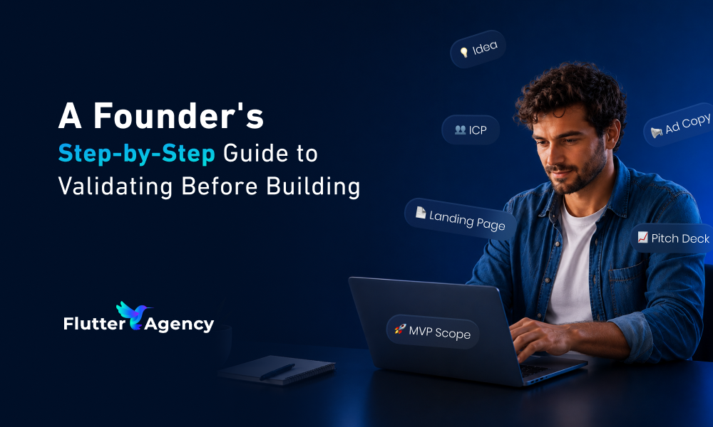 Founder using Foundersmate to validate startup idea through six steps before building: showing ICP, landing page, pitch deck, and MVP scope outputs.
