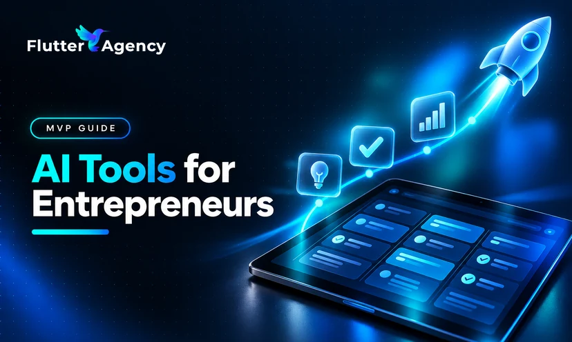 Feature banner for AI Tools for Entrepreneurs showing a laptop startup roadmap with glass idea and launch cards