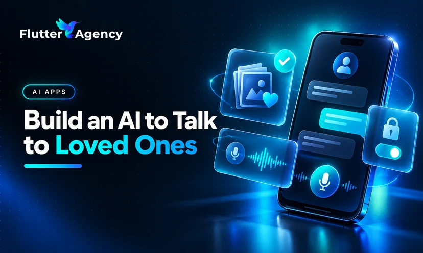 Feature banner for Build an AI to Talk to Loved Ones showing a smartphone chat with glass memory and voice cards