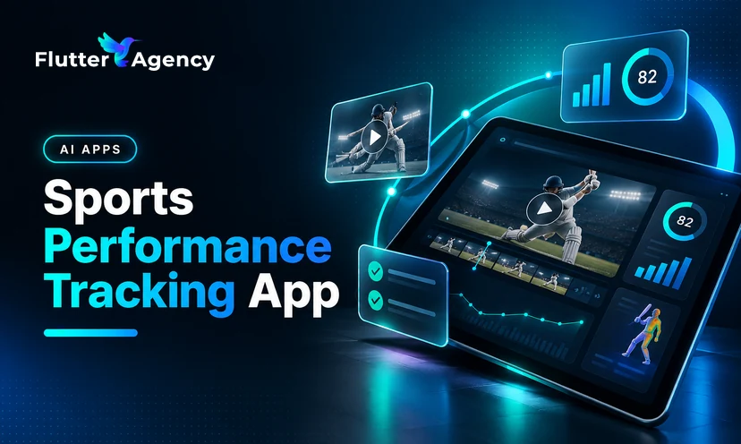 Feature banner for AI Tools for Sports Performance Tracking app showing a laptop startup roadmap with glass idea sports cards