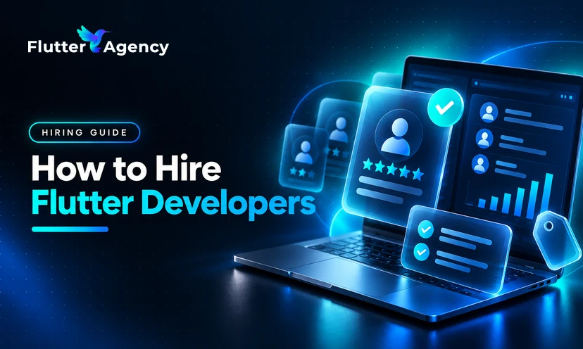 Feature banner for How to Hire Flutter Developers showing a laptop with glass candidate profile cards